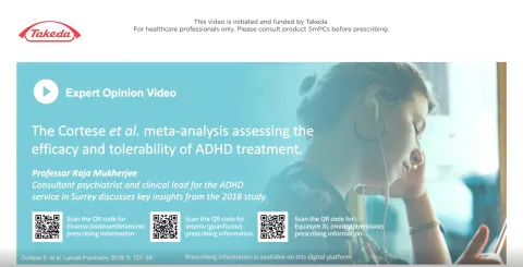 Text describing the title of vdieo and credentials of speaker with QR code links to Elvanse, Intuniv and Equasym PI