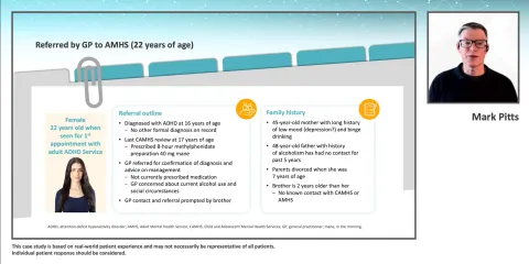 Speaker in box in top right hand corner accompanied by a slide discussing the referral of an ADHD patient  