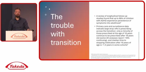 Dr Chris Abbott accompanied by a slide which summarise key points about "the trouble with transition"